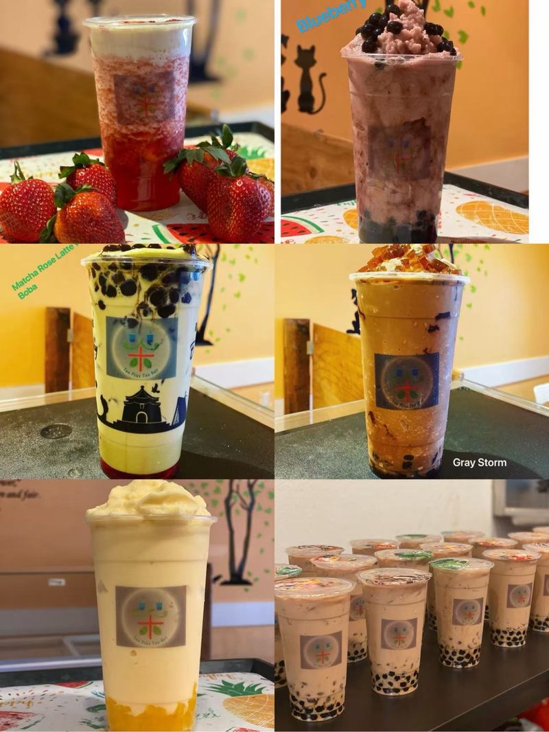A collage of colorful drinks at Tea Plus Tea Bar