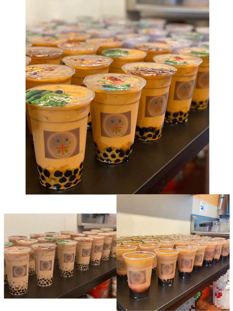 Large party orders of milk tea on the counter